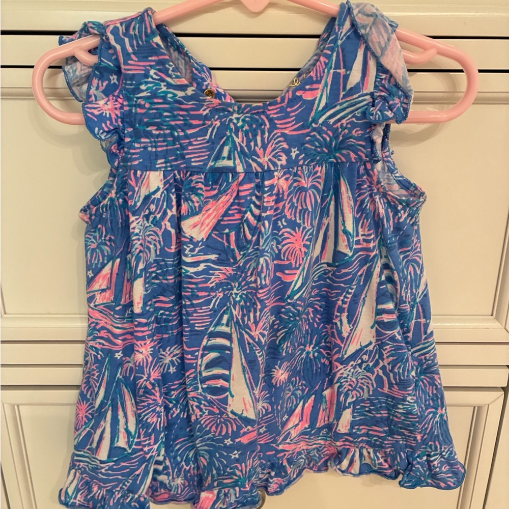Lilly Pulitzer Blue Pink White Sailboat Print Ruffle Tank